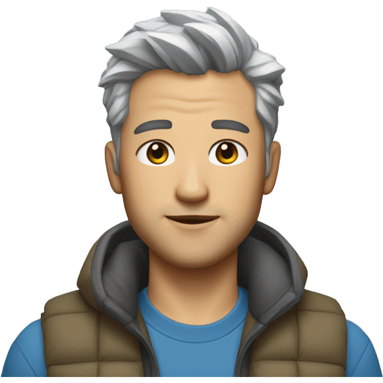 Finance bro with light grey short spike hair and mountain hardwared puffer vest over blue shirt emoji