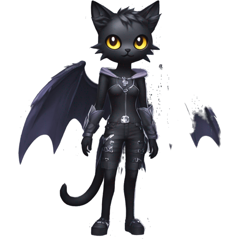 Shiny Cool Punk Black beautiful fantasy Kawaii Ethereal Sona Fakemon-cat-animal with edgy bat-wings-ears Full Body emoji