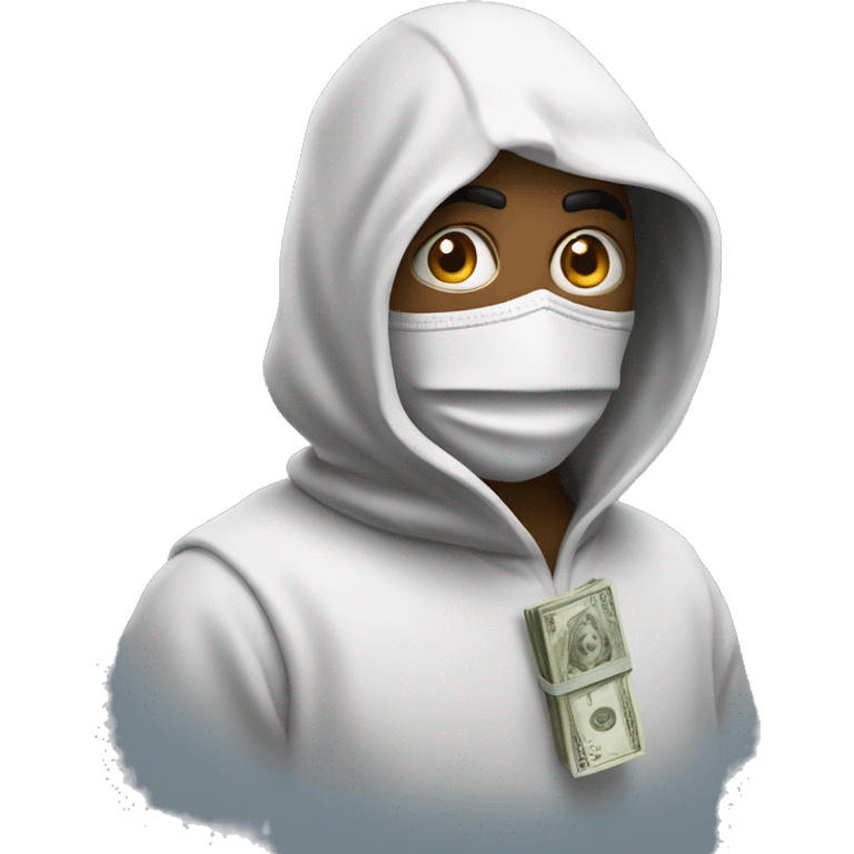 a mysterious guy in hoode with mask of money emoji