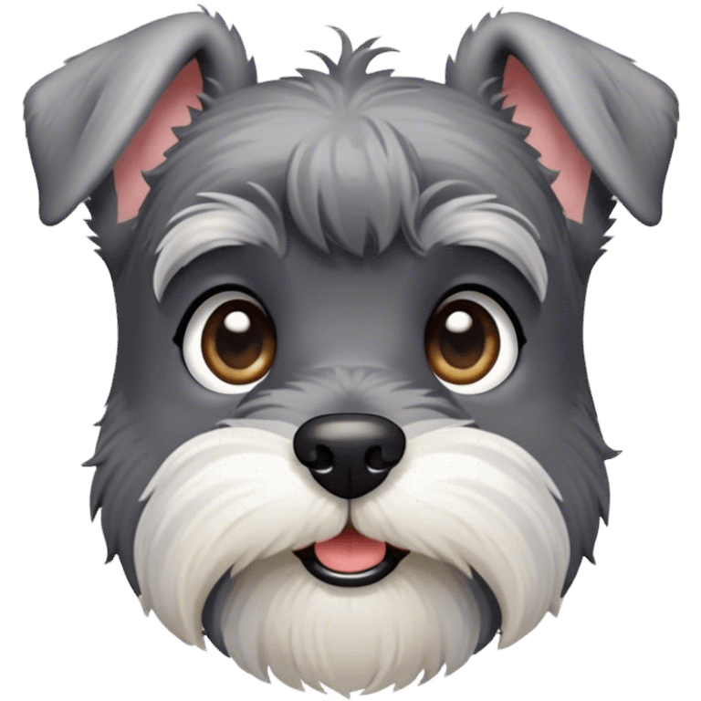 Cinematic Cute Miniature Schnauzer Portrait Emoji, Head cheerfully cocked with expressive, twinkling eyes and a neatly trimmed, adorable salt-and-pepper fur, simplified yet endearingly detailed, glowing with a bright, friendly radiance, high shine, exuding smart and spunky charm, styled with a delicate, whimsical outline, capturing the essence of a cute Miniature Schnauzer that appears ready to scamper off the screen with delightful energy! emoji