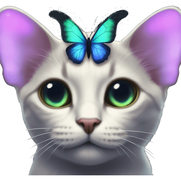 Dark iridescent butterfly glowing on top of cats head  emoji