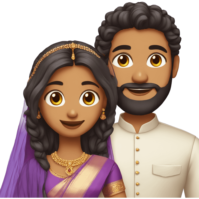 south indian girl with straight hair wearing lavender saree marrying south indian guy with curly hair and beard wearing dhoti emoji