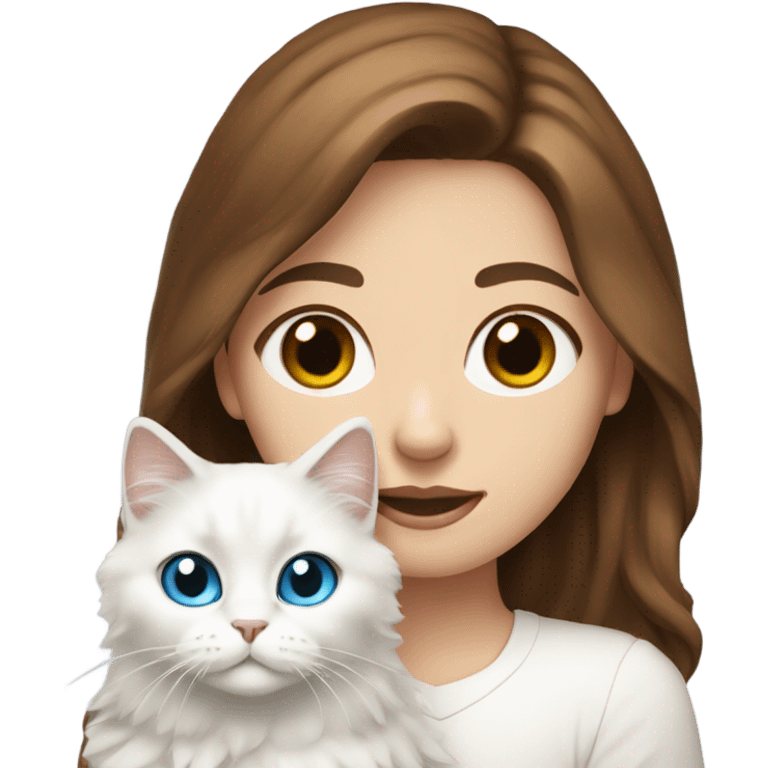 woman with brown hair and holding a all white Siberian cat with blue eyes emoji