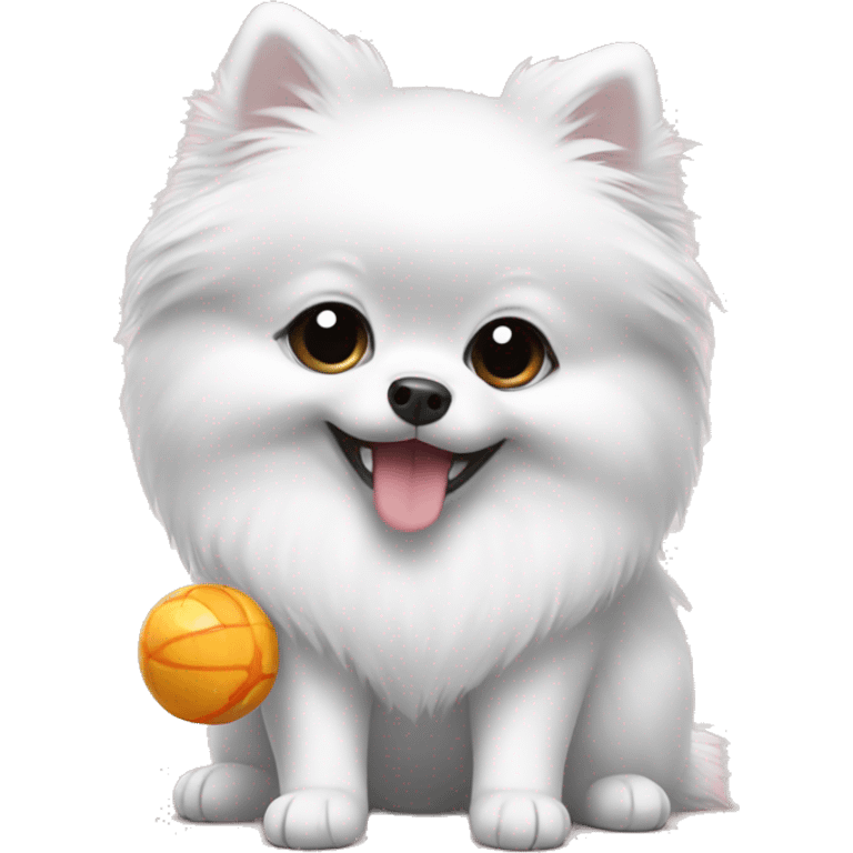 White Pomeranian holding a toy emoji