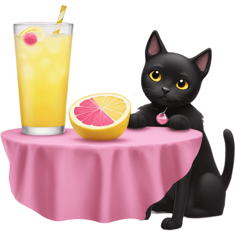 A dog drinking pink lemonade with a black cat emoji