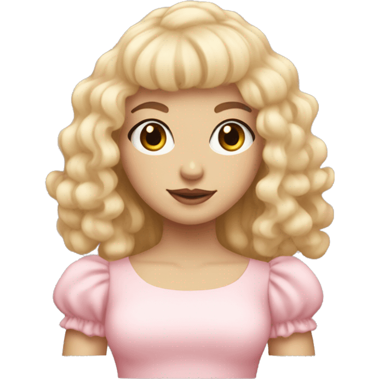 pale girl with bangs and long blonde curly hair and a pastel pink puff sleeve dress emoji