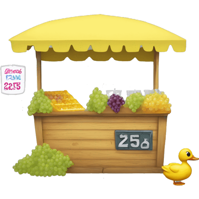 Lemonade Stand with duck standing behind it, selling grapes for 25¢ emoji