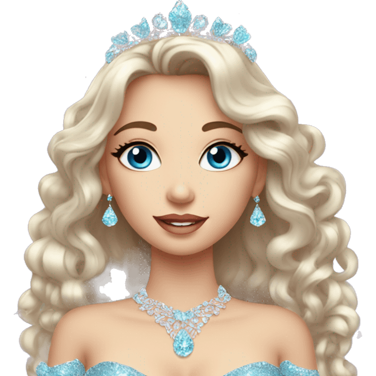 Gorgeous pastel Lady with blue eyes in a sparkly shiny dress with tiara and necklace and flowers behind her and trending  emoji