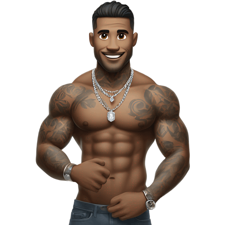 muscular male with tattoos that is wearing a diamond coated white gold necklace, waving hello emoji