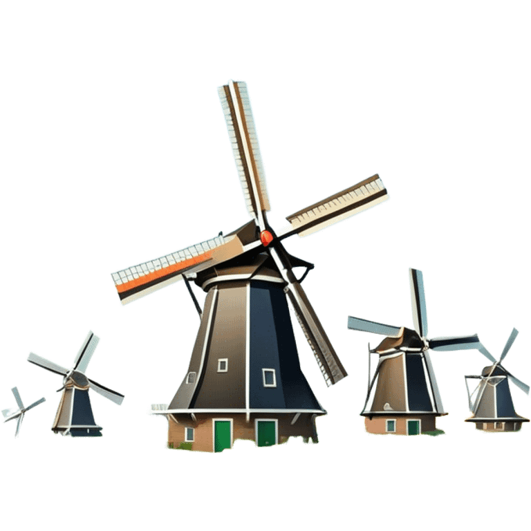 Cinematic Realistic Kinderdijk Windmills Landmark Emoji, showcasing traditional Dutch windmills aligned along a tranquil canal, with lush green fields, soft ripples in the water. emoji