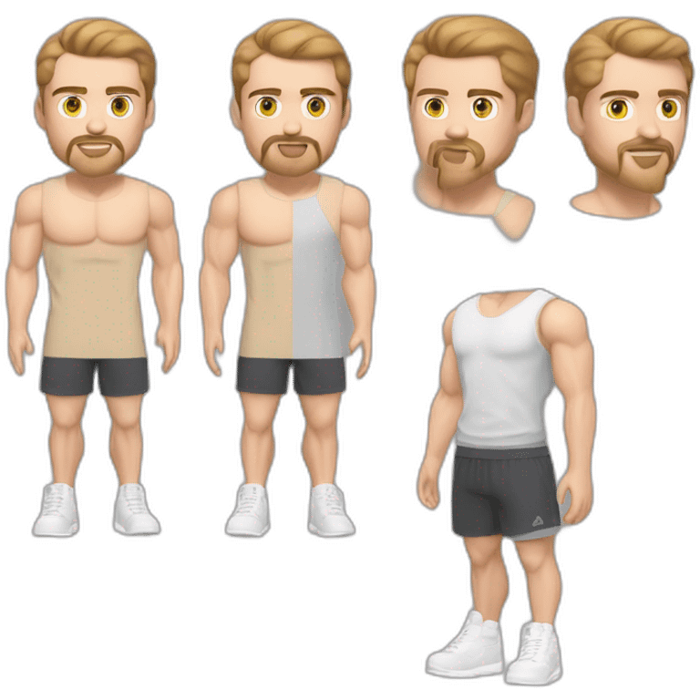 Full height Pale skinned muscular man With Realistic eyes and mouth, light brown hair and stubble In dark gray sleeveless mike, black oversize sports shorts, watch and white sneakers. emoji