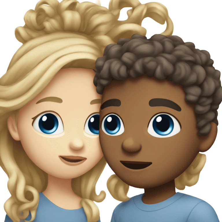 girl with straight blonde hair and blue eyes kissing mixed boy with curly brown hair emoji