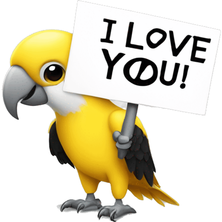 white and yellow parrot  holding a sign with the black inscription i love you emoji