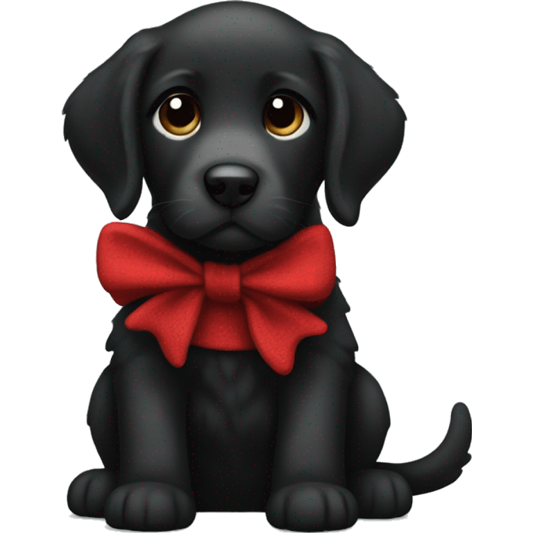 Black labrador puppy with a long curly fur in a red sweater and bow emoji