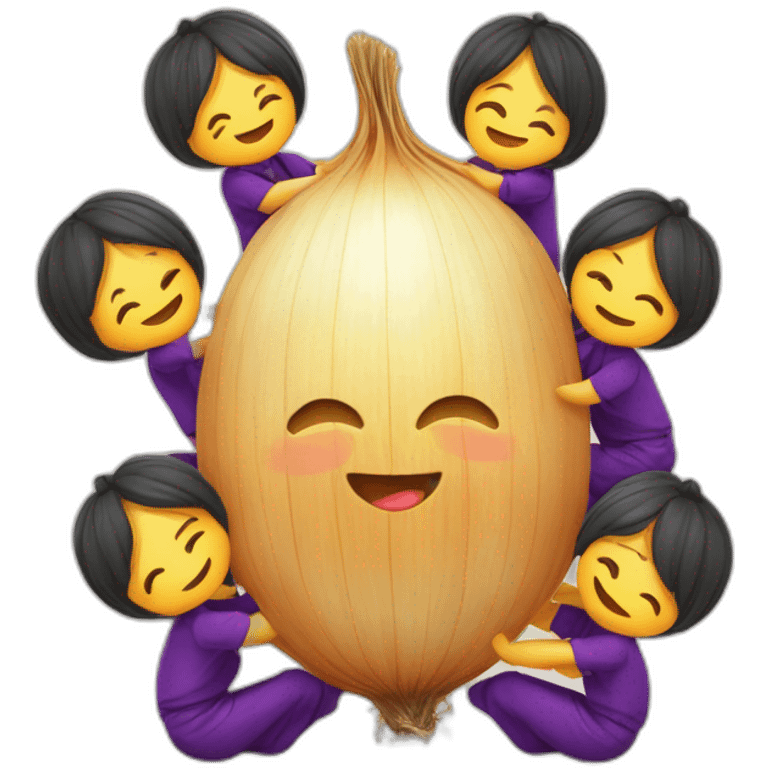 group of kawaii onions doing a catalan castellers 3 de 6 emoji