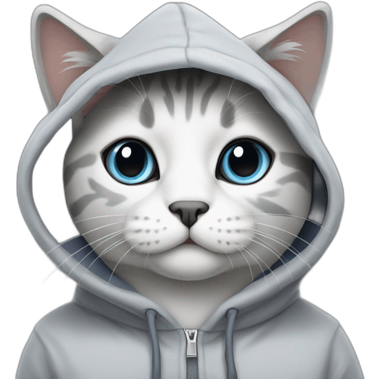 Grey and white scottish cat wearing hoodie emoji