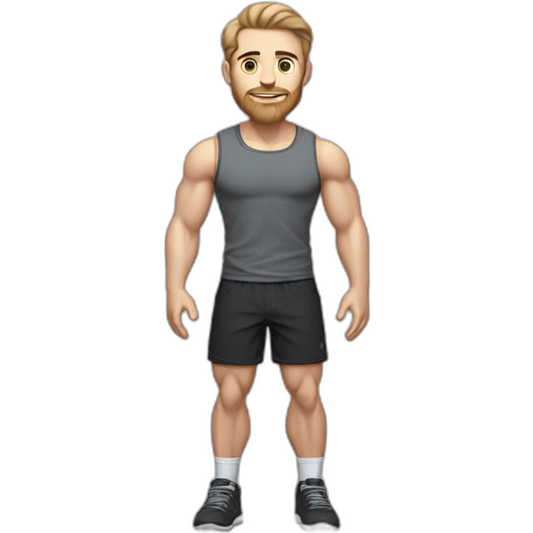 Full height Pale skinned muscular man With Realistic eyes and mouth, light brown hair and stubble In dark gray sleeveless mike, black oversize sports shorts, watch and white sneakers. emoji