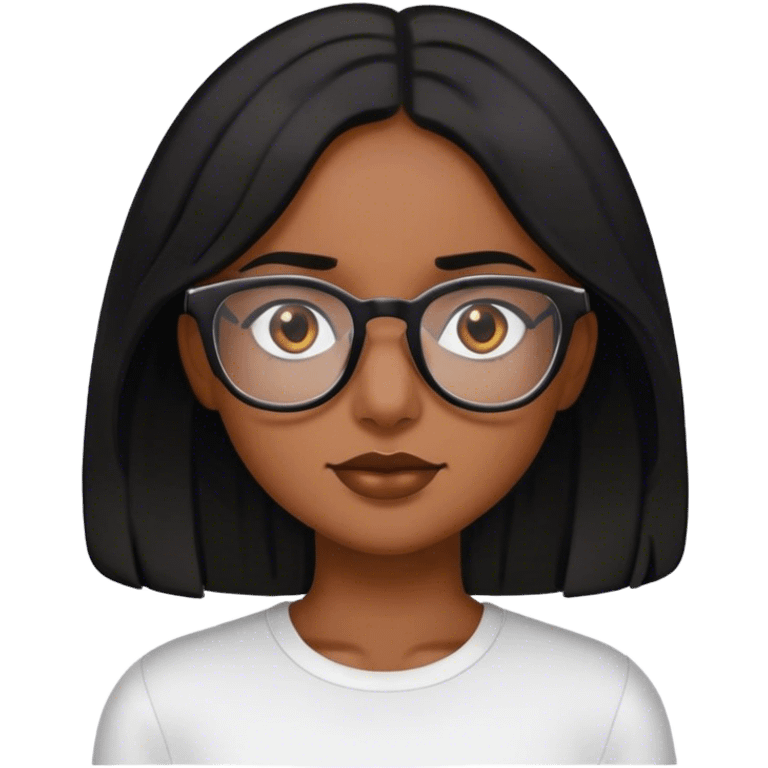 dark brown girl with shoulder length black hair and dark brown eyer and glasses emoji