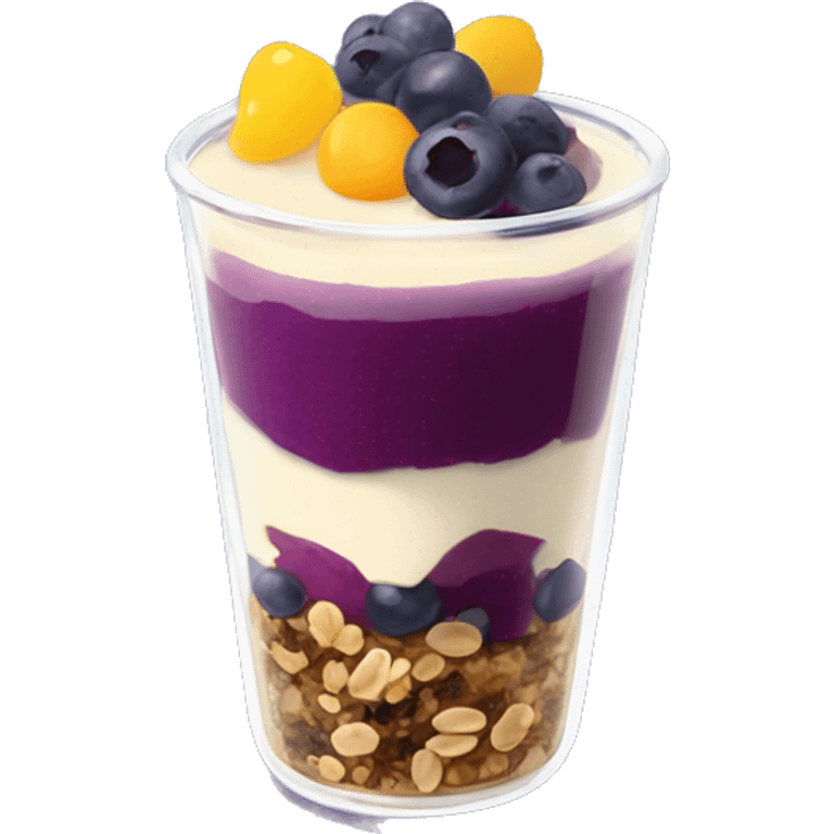 Açaí in a clear cup with layers of fruits and granola and condensed milk emoji