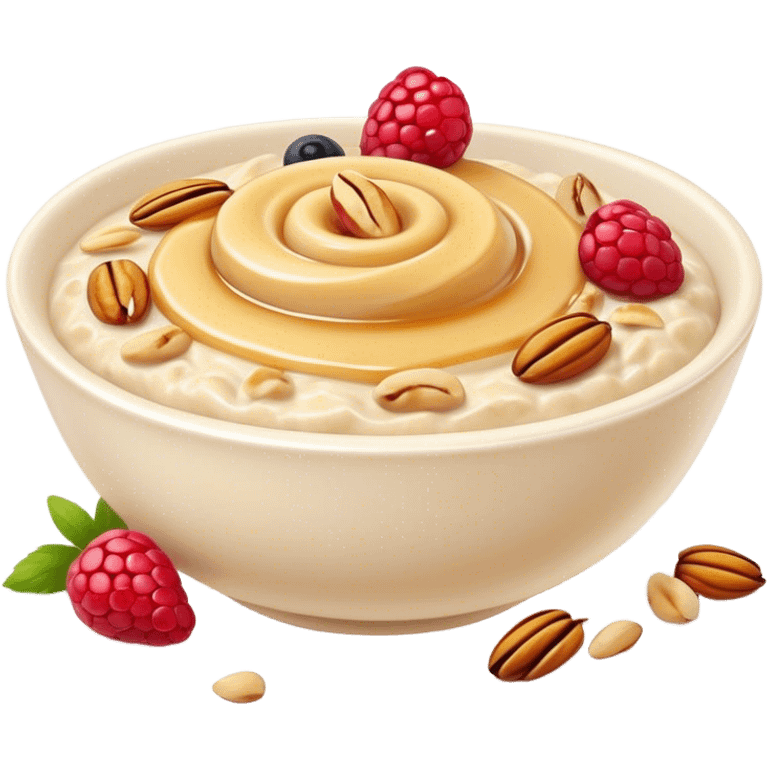 Cinematic creamy oatmeal, smooth texture with a swirl of honey on top, garnished with fresh berries and nuts, warm and comforting, cozy golden tones, rich and delicious. emoji