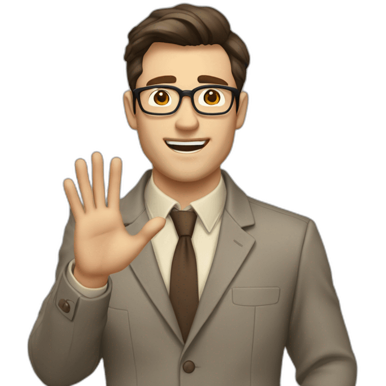 To belt Actively gesturing with hands Okay Pale skinned fit man with dark brown hair in gray jacket, beige office shirt, brown tie, brown pants and vintage glasses. emoji