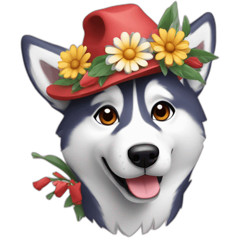 husky dog with a bouquet of flowers in a festive hat emoji