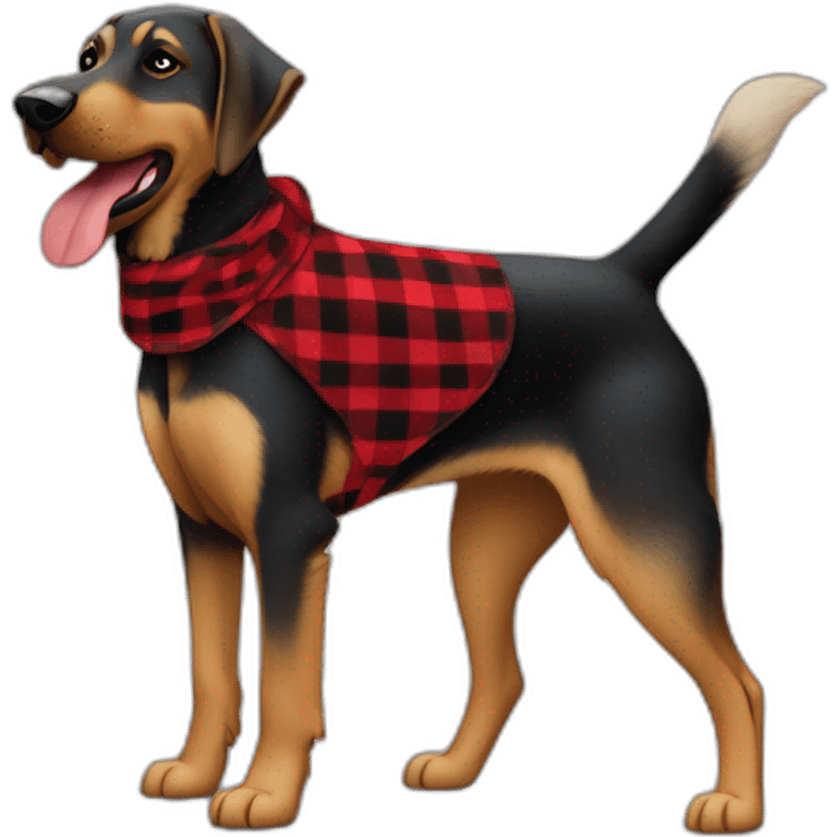 75% Coonhound 25% German Shepherd mix dog wearing small pointed red buffalo plaid bandana pointing down side view full body facing left emoji