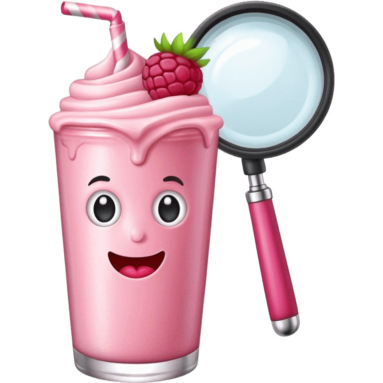 A raspberry milkshake holds a magnifier emoji