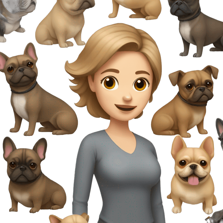 light brown hair woman hugging two dogs: a pomeranian and a dark gray french bulldog emoji