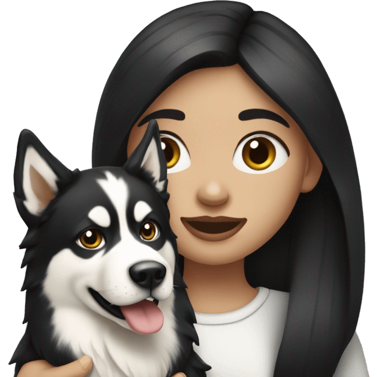 Pale girl with long black hair holding Alaskan husky emoji