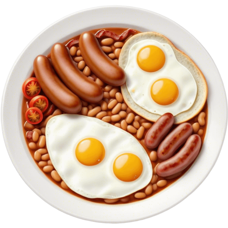 Cinematic Realistic English Breakfast Dish Emoji, showcasing a hearty ensemble of eggs, bacon, sausages, baked beans, and grilled tomatoes rendered with lifelike texture and vibrant, appetizing detail that exudes comforting tradition. emoji