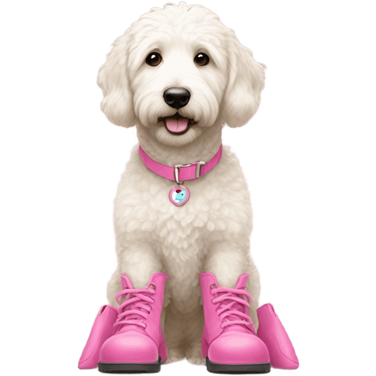 A white golden doodle wearing pink booties  emoji