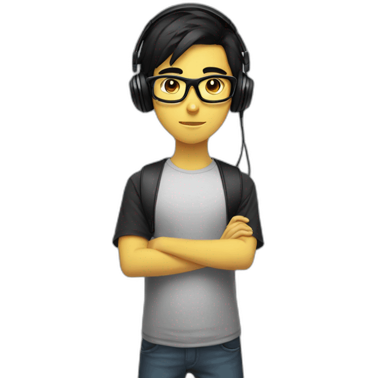 teenage gamer boy with black hair and black glasses and yellow gamer headphones. emoji