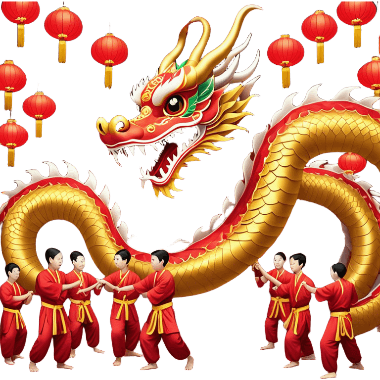 Cinematic Realistic scene of a traditional Chinese Dragon Dance featuring a team of performers skillfully manipulating a colossal, flexible dragon puppet, its intricately detailed, vibrant scales and flowing, embroidered fabric catching the light, set against a festive backdrop of red lanterns and dynamic red-tinged lighting that accentuates the majestic presence of the dragon puppet. emoji