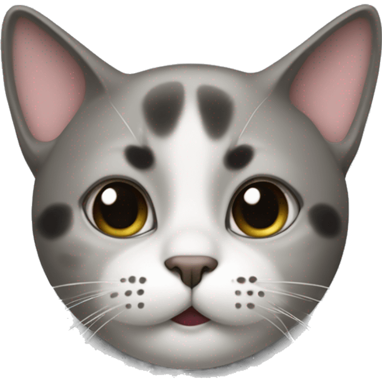 The cat’s face is clear white with a black spot under the nose, shaped like a mustache. Big dark spots on the forehead and near the ears. emoji