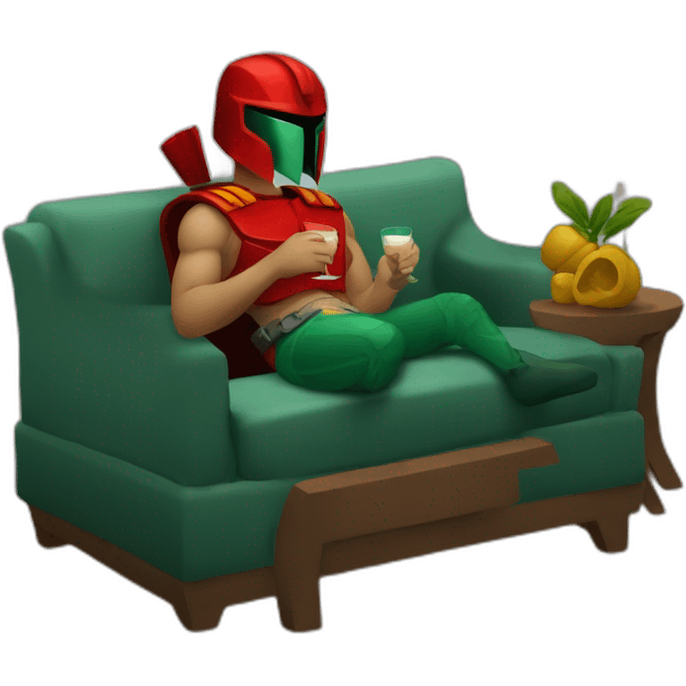 A red spartan drinking a relaxed coktail on a sofa emoji