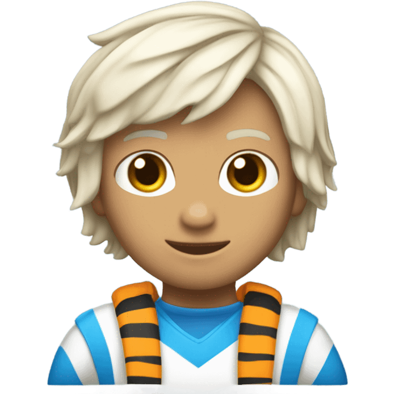 Un tigre blanco con rayas y cabello azul usando ropa del juego del calamar emoji