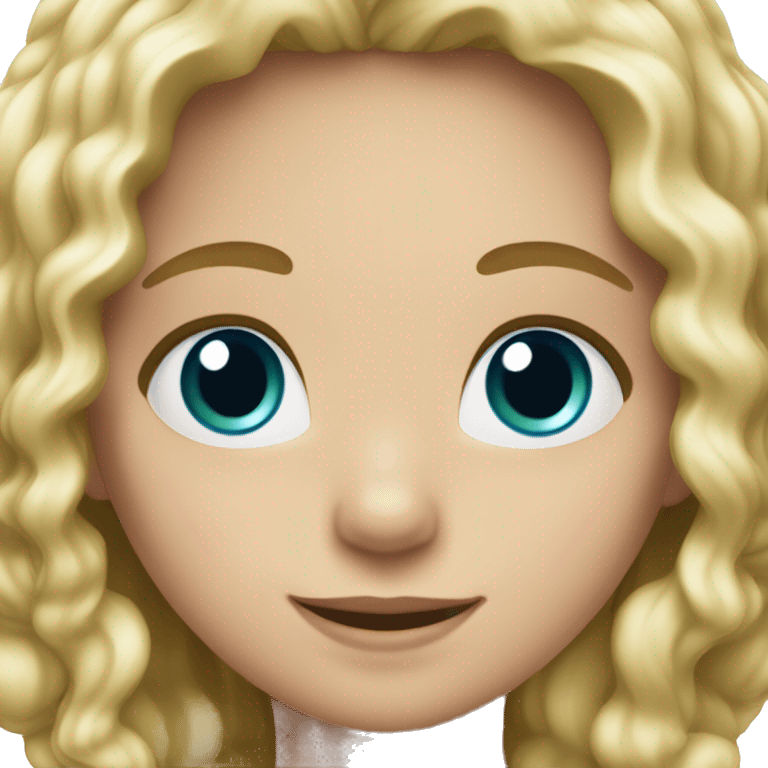 Girl, blond wavy hair with the ends color blue, green eyes, white skin and a sweet smile emoji