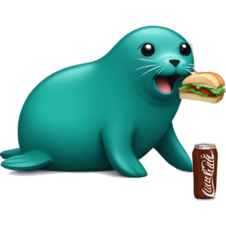 teal-coloured seal eating a sandwich with a bottle of soda and a chocolate bar emoji