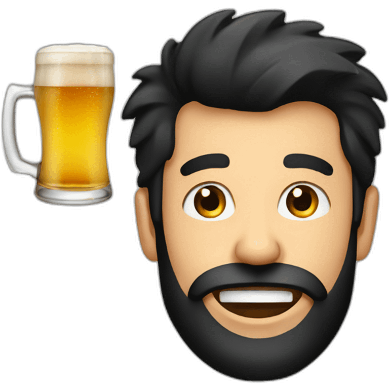 Man black hair and beard winking am eye with a pint of beer emoji