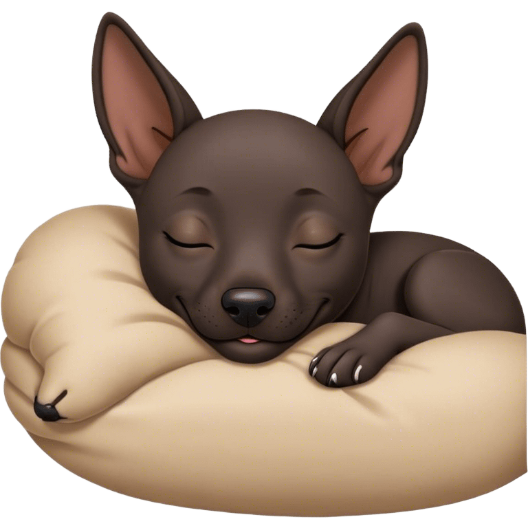 Meme-Worthy Cute Sleeping Xoloitzcuintle dog Portrait Emoji, Head resting peacefully with a contented smile, showcasing a sleek, muscular build with smooth, hairless ebony skin and gently relaxed wrinkles, eyes shut in a serene nap, Simplified yet hilariously adorable features, highly detailed, glowing with a soft, drowsy light, high shine, relaxed and utterly lovable, stylized with an air of playful laziness, bright and heartwarming, soft glowing outline, capturing the essence of a comically sleepy guardian, so meme-worthy it feels like it could instantly become the next viral sensation of adorable slumber! emoji