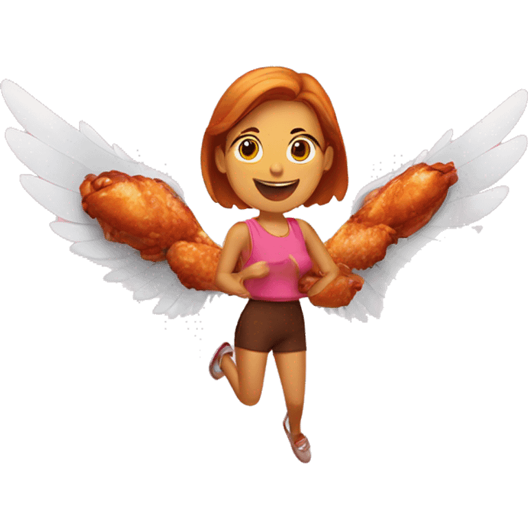 a girl flying with two delicious cooked bbq chicken wings on her back emoji