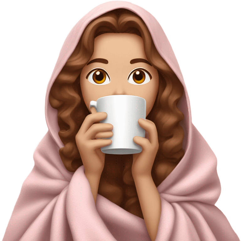 White girl with brown wavy hair drinking coffee inside a light pink blanket  emoji