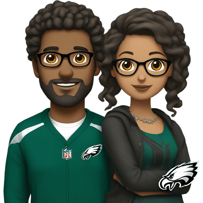 Brown guy with beard mustache and brown girl with glasses and her hair in a bun in Philadelphia eagles clothes holding hands emoji