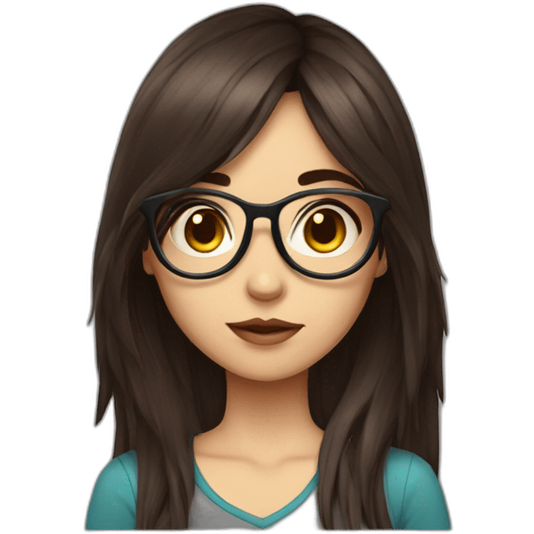 Gamer girl, dark brown and long hair, fringe, raund glasses emoji