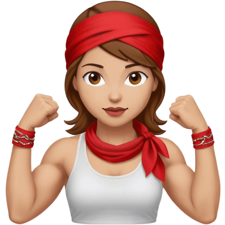 Light skin and brown hair with red bandana Rosie the Riveter shows biceps emoji