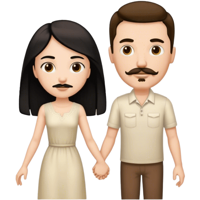 Tall white man with brown mustache goatee AND a short pale woman with long black hair, holding hands emoji