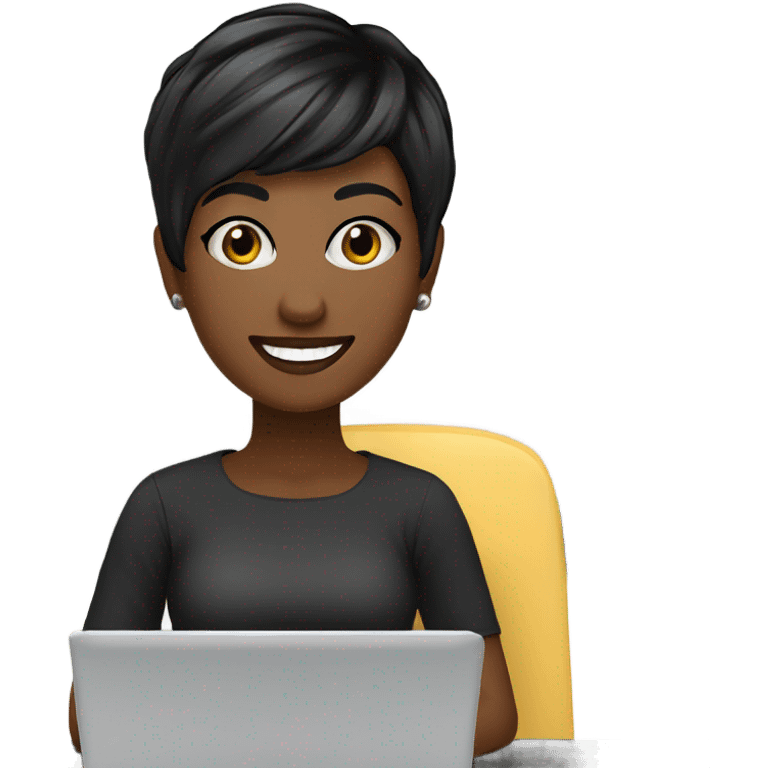 Graphic Designer woman black pixie cut with laptop, happy emoji