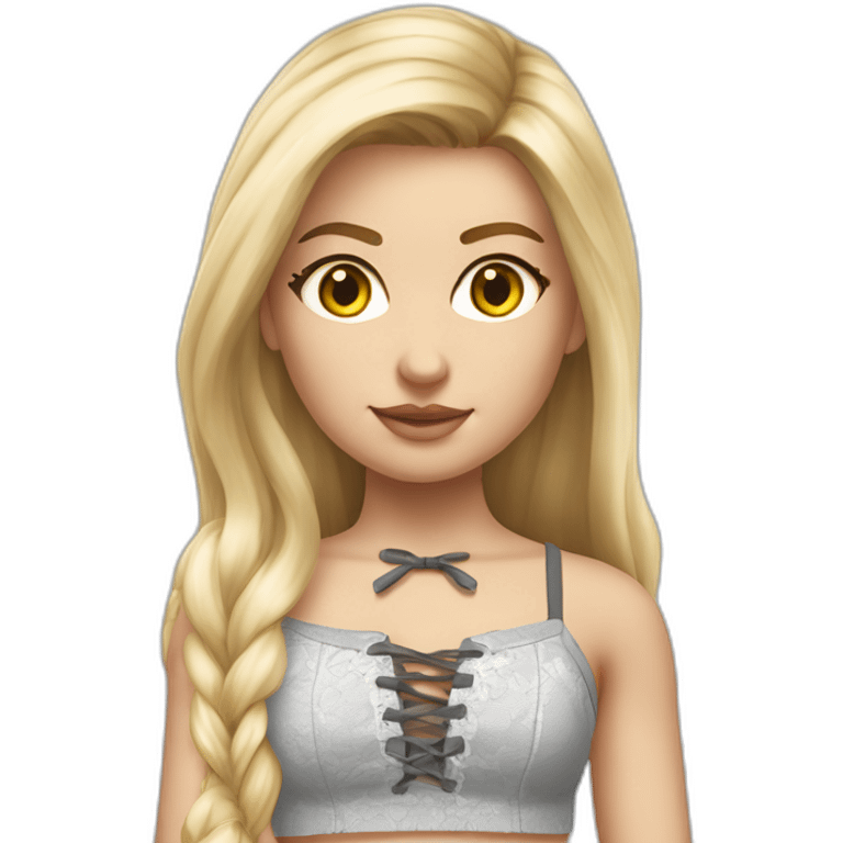 hyperrealistic caucasian female, long straight blonde hair, white lace up crop top, grey mini skirt, body view emoji