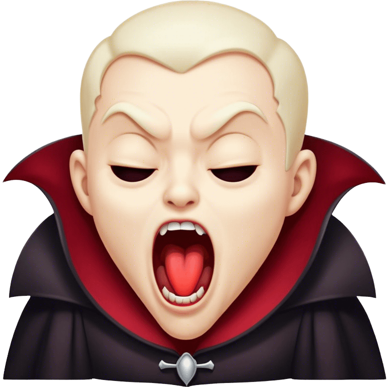 Cinematic Cute Yawning Vampire Portrait Emoji, with a small, rounded, charming pale face accented with tiny playful fangs and droopy, half-closed eyes, head tilted in an adorable wide yawn, dressed in miniature elegant dark attire with a hint of crimson, simplified yet irresistibly endearing, highly detailed with a soft, mysterious glow and gentle outline that captures the cute, drowsy side of an immortal! emoji